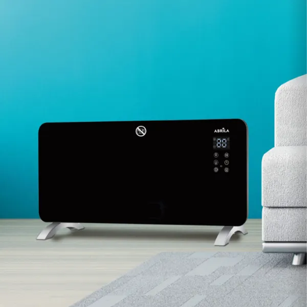 Emisor térmico de cristal negro con pantalla digital y temporizador, ideal para salones y dormitorios modernos.