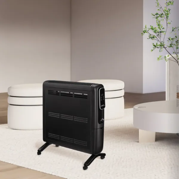 Emisor térmico de aluminio Alpino 1500W en color negro, portátil con ruedas, ideal para dormitorios y salones pequeños.
