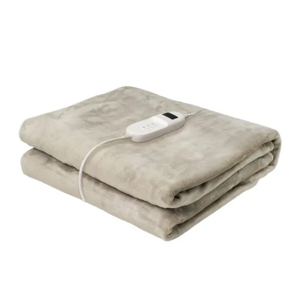 Manta eléctrica Bienestar de 180×130 cm en color beige, con nueve niveles de temperatura y temporizador programable.