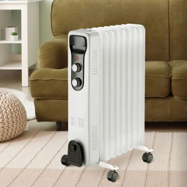 Radiador de aceite Brasilia 2000W con 9 elementos, tres niveles de potencia y sistema de seguridad antivuelco.