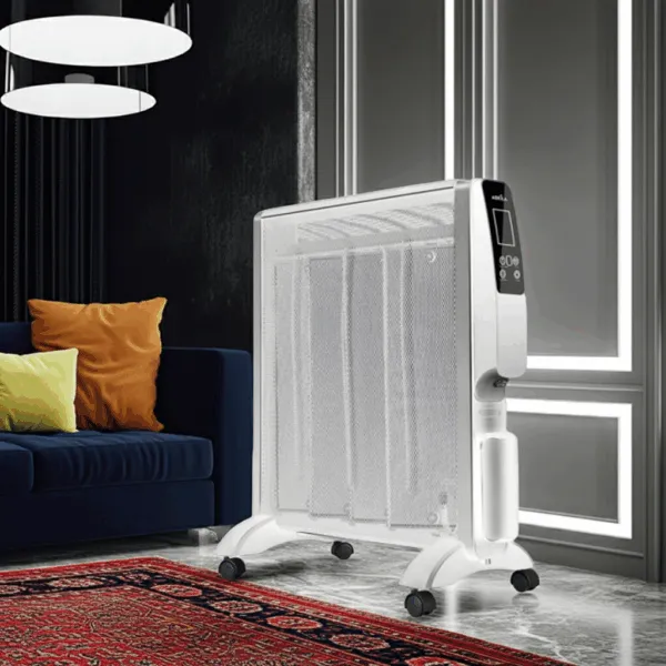 Radiador de mica Abrigo Plus 2000W con pantalla LED, mando a distancia, temporizador de hasta 12 h y sistema antivuelco.