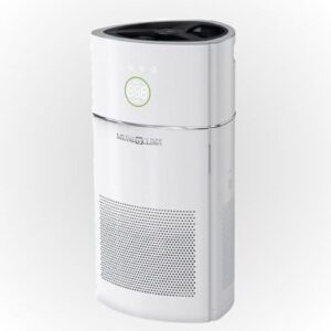 Purificador de aire blanco de diseño cilíndrico, con pantalla digital encendida y rejilla de ventilación frontal, ideal para mejorar la calidad del aire en el hogar.