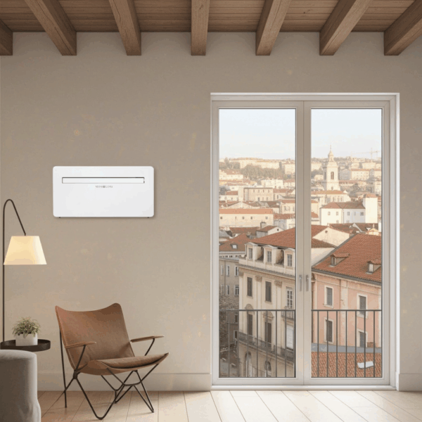 Aire acondicionado sin unidad exterior Mundoclima instalado en una habitación con techos de vigas de madera y vistas a edificios históricos.