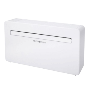 Equipo de aire acondicionado monoblock Mundoclima blanco sin unidad exterior sobre fondo blanco aislado