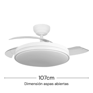 Ventilador DC Relámpago blanco con las 3 aspas de ABS transparente desplegadas en un diámetro de 107 cm.