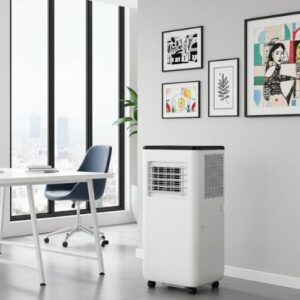 Aire acondicionado portátil Puff 7000 BTU instalado en una oficina moderna junto a un escritorio.