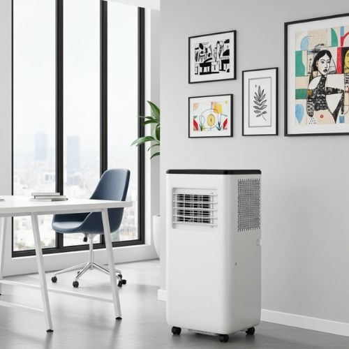 Aire acondicionado portátil Puff 7000 BTU instalado en una oficina moderna junto a un escritorio.