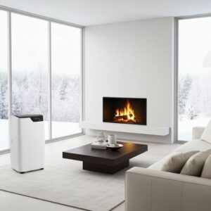 Aire acondicionado portátil Frozen en un salón moderno junto a una chimenea, destacando su modo calor
