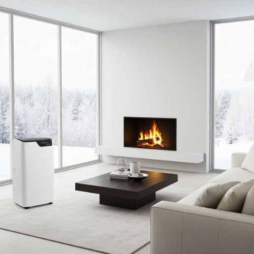 Aire acondicionado portátil Frozen en un salón moderno junto a una chimenea, destacando su modo calor