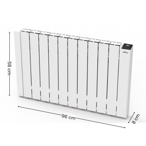 Dimensiones del emisor térmico City 2000W: 58 cm de alto, 96 cm de ancho y 8 cm de fondo.