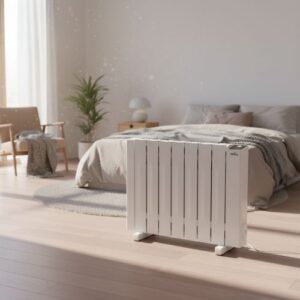 Emisor térmico City en modo portátil con soportes de suelo en un dormitorio.