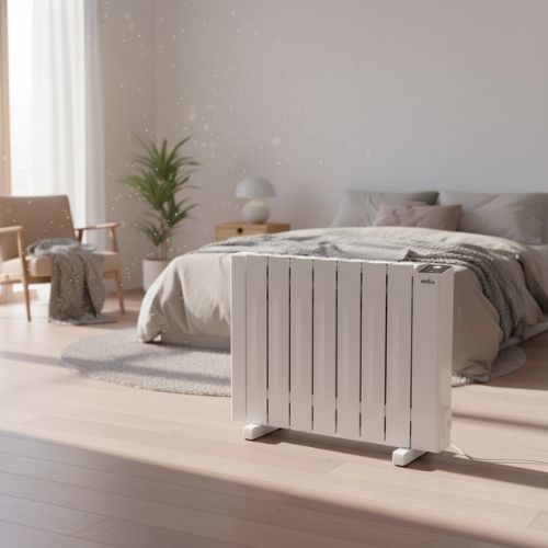 Emisor térmico City en modo portátil con soportes de suelo en un dormitorio.