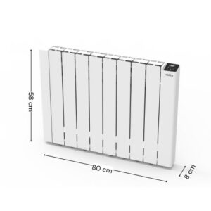 Dimensiones del emisor térmico City 1500W: 58 cm de alto, 80 cm de ancho y 8 cm de fondo.