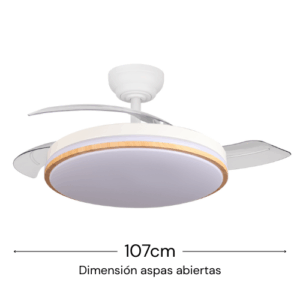 Medidas del ventilador DC Relámpago desplegado: diámetro de 107 cm con aspas transparentes.