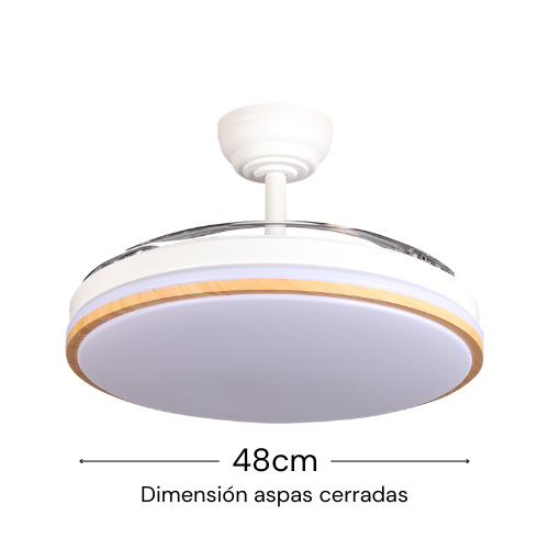 Dimensiones del ventilador Relámpago blanco y madera con aspas plegadas: 36 cm de alto y 48 cm de ancho.