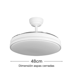 Ventilador retráctil Relámpago en modo plafón LED con las aspas ocultas, diseño minimalista en color blanco.