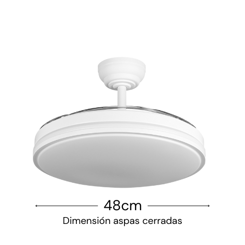 Ventilador retráctil Relámpago en modo plafón LED con las aspas ocultas, diseño minimalista en color blanco.