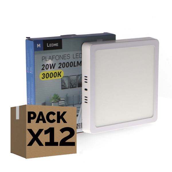 Pack 12 Plafones LED Superficie Cuadrados 20W Blanco | Oferta Profesional – 6000K – 24.000 Lm
