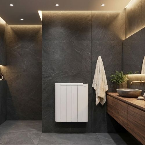 Radiador cerámico WiFi 600W instalado en baño moderno con paredes grises.