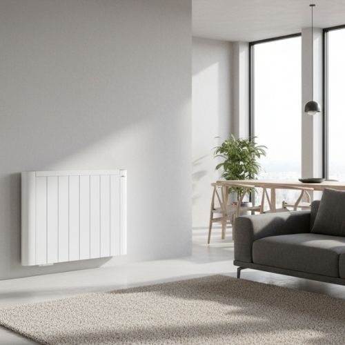 Salón moderno con emisor térmico cerámico 1500W controlado por WiFi.