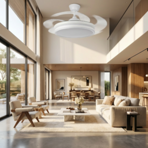 Ventilador de techo con aspas retráctiles Bayomo blanco instalado en un salón moderno de diseño nórdico.