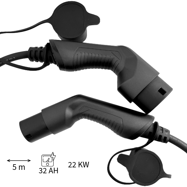 Cable de Carga Trifásico para Vehículo Eléctrico Tipo 2 a Tipo 2 (Mennekes) | 5 Metros, 32A, 22kW | Carga Ultra Rápida