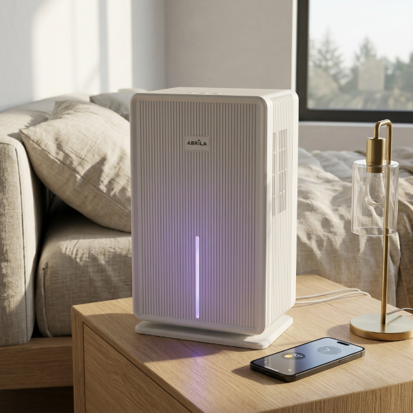 Deshumidificador Ondine blanco en mesita de noche con luz LED ambiente y modo sueño activo