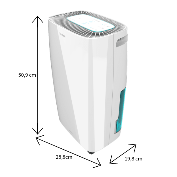 Infografía de medidas del deshumidificador Cecotec Big Dry 4000: 50,9 cm (alto), 28,8 cm (ancho) y 19,8 cm (profundo).