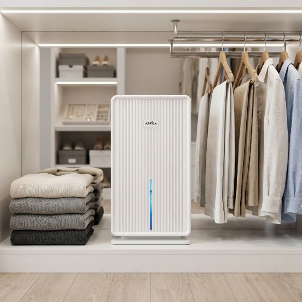 Deshumidificador compacto Ondine de 60W dentro de un armario para evitar humedad en la ropa