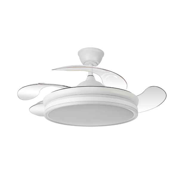 Ventilador Bayomo blanco con 4 aspas transparentes desplegadas y motor DC silencioso.