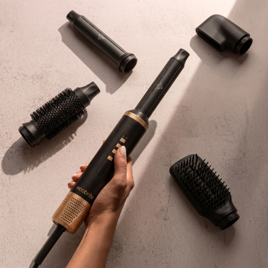 Kit completo Ecobrite Multi-Styler con accesorios y guante térmico de seguridad.