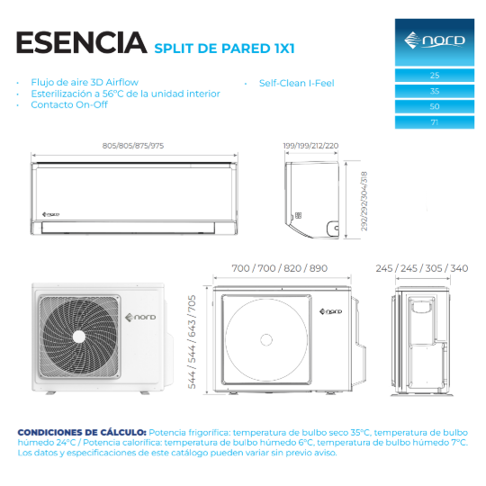 Esquema técnico con dimensiones de las unidades interior y exterior del aire acondicionado NORD Esencia.