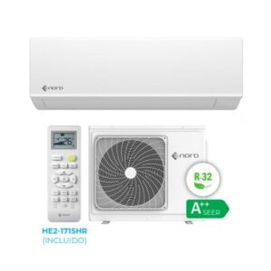 Conjunto de aire acondicionado split NORD Karelia 25 con unidad interior, unidad exterior, mando a distancia HE2-1715HR e insignias A++ y R-32.