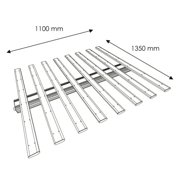 Esquema dimensional de la luminaria LED Spider Grow indicando las medidas de 1350 mm de largo por 1100 mm de ancho.