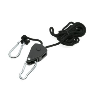 Polea con freno y mosquetones metálicos para la suspensión de la luminaria LED Spider Grow 640W.