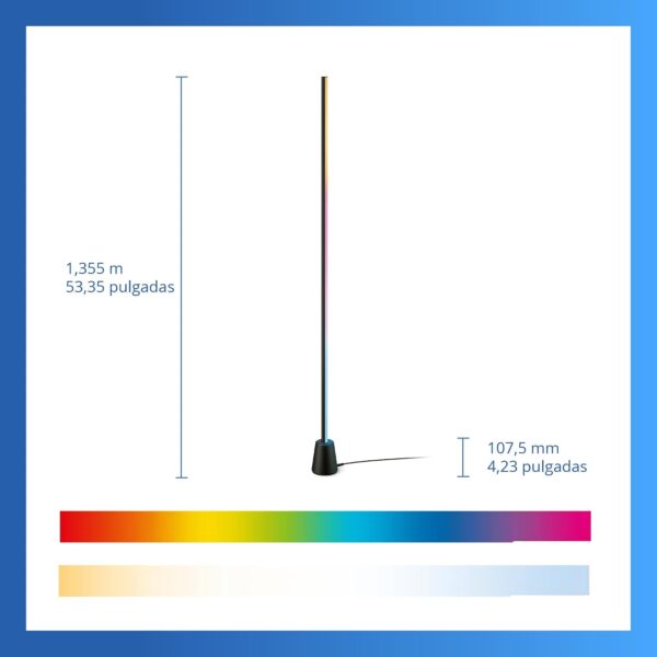 Diagrama con las medidas de la lámpara de pie Philips Smart LED Gradient, indicando una altura de 1,355 m y una base de 107,5 mm.