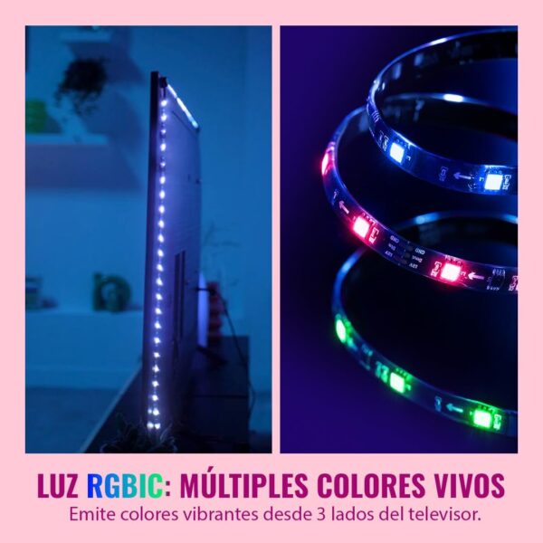 Vista lateral de una televisión con la tira LED instalada y un plano cercano del cableado flexible emitiendo luces rojas y verdes.