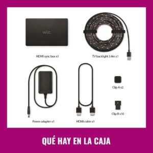 Imagen que ilustra todos los componentes incluidos: Sync Box, tira LED de 3.4m, adaptador de corriente, cable HDMI y clips.