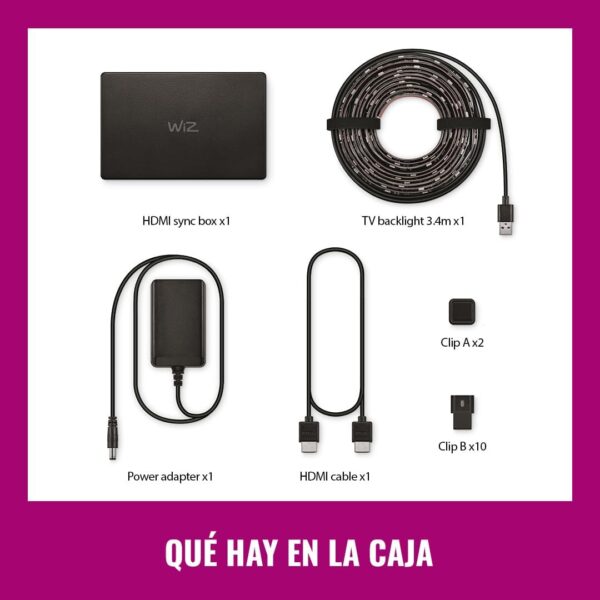Imagen que ilustra todos los componentes incluidos: Sync Box, tira LED de 3.4m, adaptador de corriente, cable HDMI y clips.