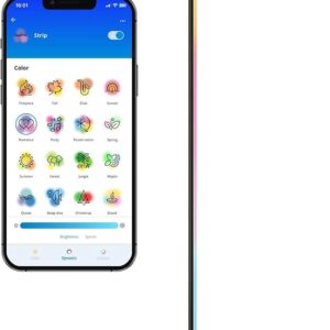 Smartphone mostrando la aplicación WiZ con modos de luz dinámicos junto a la lámpara de pie encendida en degradado.