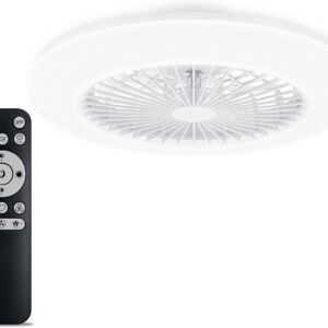 Ventilador de techo LED de plafón circular blanco acompañado de su mando a distancia con múltiples botones de control.