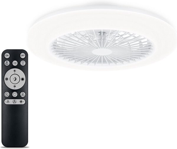 Ventilador de techo LED de plafón circular blanco acompañado de su mando a distancia con múltiples botones de control.