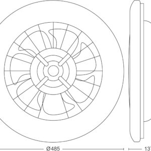 Plano técnico con el esquema de dimensiones del ventilador Philips Amigo, mostrando 485 mm de diámetro y 137 mm de alto.