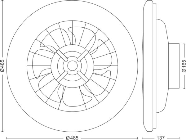 Plano técnico con el esquema de dimensiones del ventilador Philips Amigo, mostrando 485 mm de diámetro y 137 mm de alto.