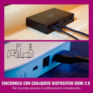 Dispositivo compacto negro WiZ HDMI Sync Box con cables conectados en sus puertos traseros e icono de consolas y reproductores.