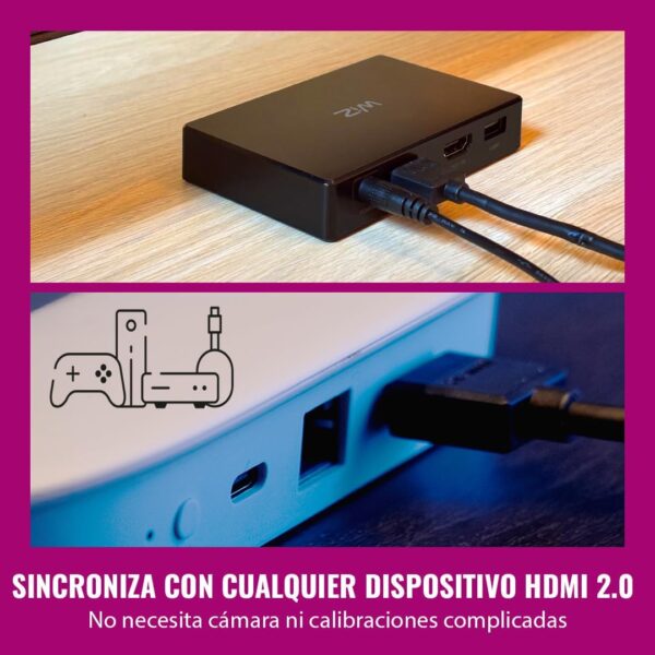 Dispositivo compacto negro WiZ HDMI Sync Box con cables conectados en sus puertos traseros e icono de consolas y reproductores.