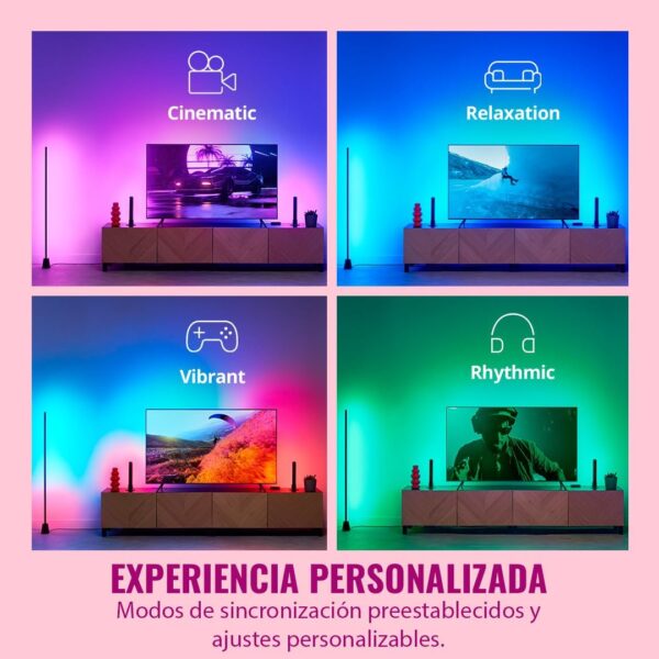 Cuatro cuadrantes mostrando diferentes modos de luz proyectados tras el televisor: Cinematic, Relaxation, Vibrant y Rhythmic.
