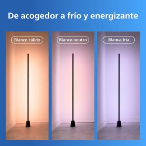 Comparativa de la lámpara de pie proyectando luz en tonos blanco cálido, blanco neutro y blanco frío sobre una pared.