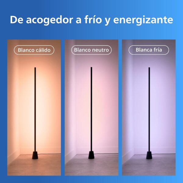 Comparativa de la lámpara de pie proyectando luz en tonos blanco cálido, blanco neutro y blanco frío sobre una pared.