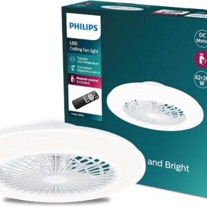 Caja del ventilador de techo LED Philips Amigo en color blanco junto a la unidad del ventilador de plafón con rejilla frontal.